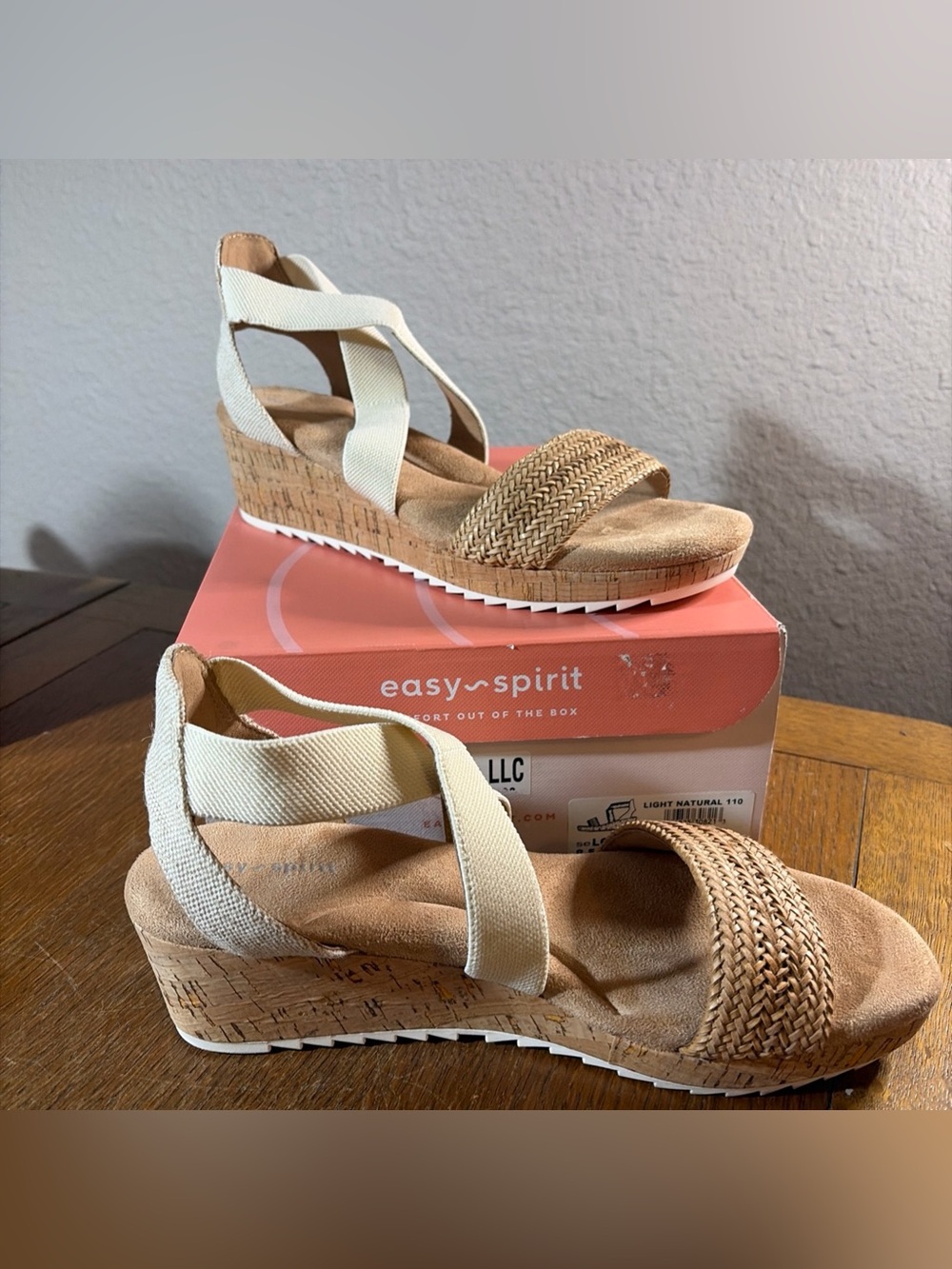 Easy Spirit Women's Cream Woven Cork Wedge Sandals